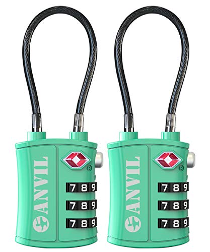 TSA Approved 3 Digit Luggage Cable Locks, Small Combination Padlock Ideal for Travel - 2 Pack (Green 2 Pack)