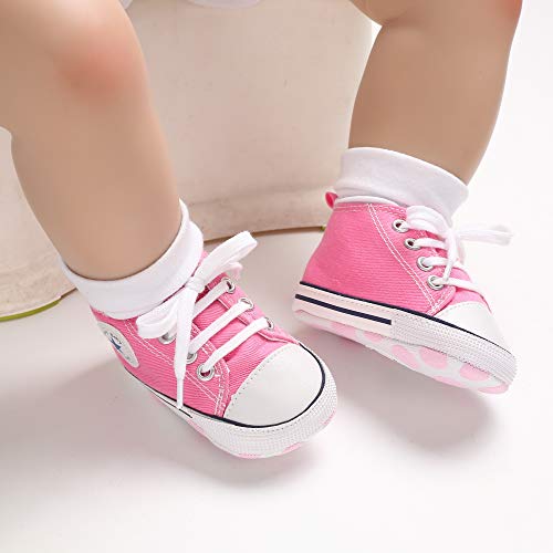 Baby or Toddler Girls or Boys Canvas Sneakers, Soft Sole, High Top First Walkers Shoes, 22 colors  (Pink)