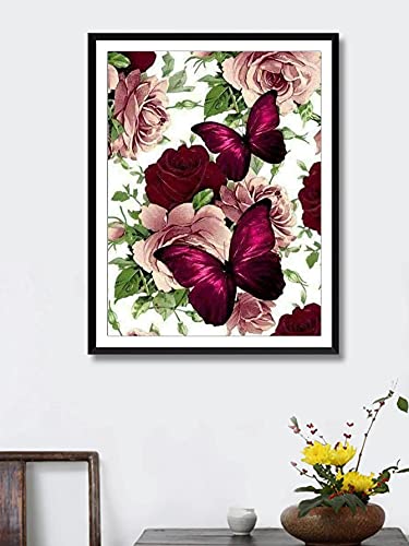 Burgundy Butterflies & Roses Diamond Painting Kit for Adults & Children, 5D Full Drill Round