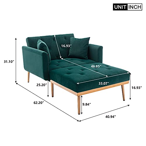 Velvet 2 in 1 Chaise Lounge Chair Indoor, Modern Single Sofa Bed with Two Pillows, Recliner Chair with 3 Adjustable Angles, Convertible Sleeper Chair for Living Room and Bedroom (Green)