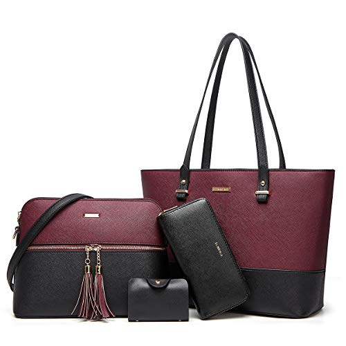 Women's Two-Tone Black & Wine Red 4-Piece Tote Bag, Shoulder Handbag, Clutch Wallet & Card Holder Set  (9 colors)