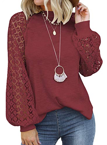 MIHOLL Women’s Long Sleeve Tops Lace Casual Loose Blouses T Shirts Red