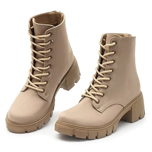 MUSSHOE Ankle Boots For Women Comfortable Lace Up Women's Ankle Boots & Booties with Low Chunky,Tan 10