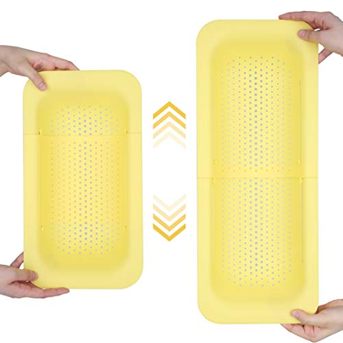 BLUE GINKGO Over the Sink Colander Strainer Basket - Wash Vegetables and Fruits, Drain Cooked Pasta and Dry Dishes - Extendable - New Home Kitchen Essentials (7.9 W x 14.5-19.5 L x 2.75 H) - Yellow