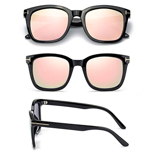 Myiaur Classic Sunglasses for Women Polarized Driving Anti Glare 100% UV Protection (Black Frame / Pink Mirrored Glasses)