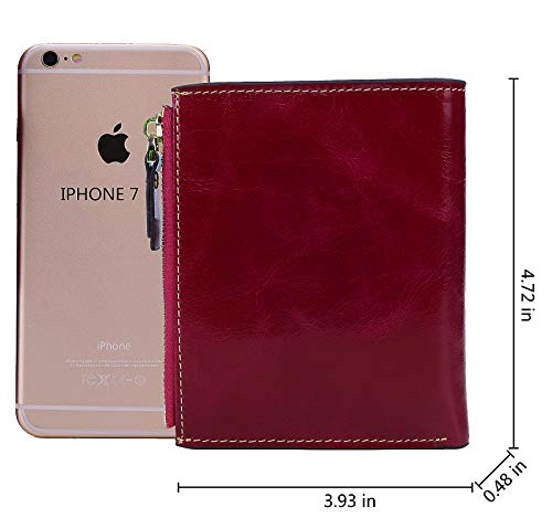 AINIMOER Women's RFID Blocking Leather Small Compact Bi-fold Zipper Pocket Wallet Card Case Purse (Waxed Wine)