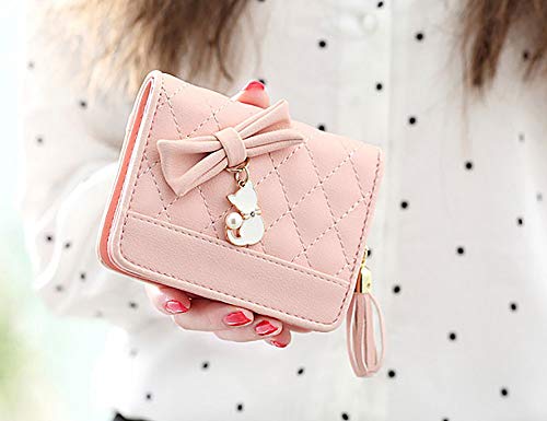 UTO Women PU Leather Small Wallet Cat Pendant Card Phone Holder Zipper Coin Purse Zoey Pink