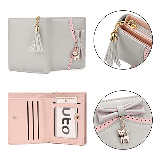 UTO Wallet for Girls PU Leather Cat Pendant Tassel Zipper Card Holder Organizer Women Small Cute Coin Purse Ace Grey