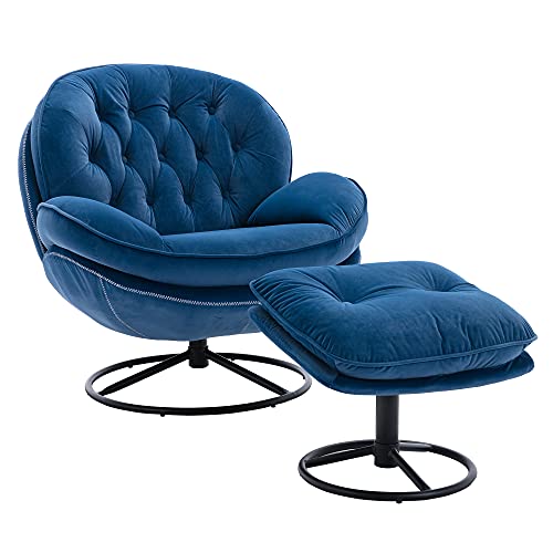 Baysitone Accent Chair with Ottoman,360 Degree Swivel Velvet Accent Chair, Lounge Armchair with Metal Base Frame for Living Room, Bedroom, Reading Room, Home Office (Blue)