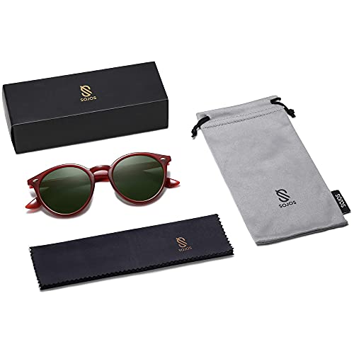 SOJOS Retro Round Polarized Sunglasses for Women Men Circle Frame UV400 Lenses SJ2069, Dark Red/Green