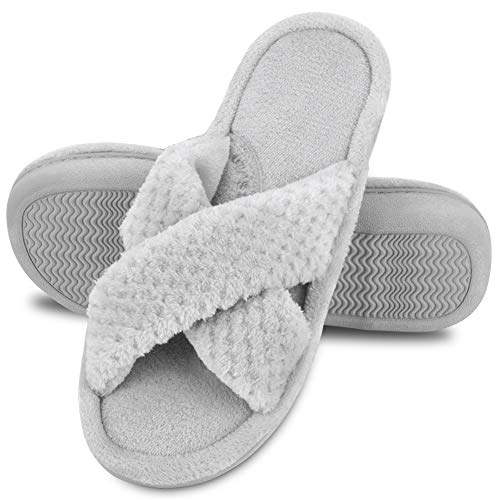 DL Women's Open Toe Cross Band Slippers, Memory Foam Slip on Home Slippers for Women with Indoor Outdoor Arch Support Rubber Sole, Gray, 9-10