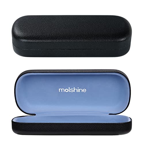 molshine Hard Shell PU Leather Glasses Case,Travel Portable Eyeglass Case for Men Women Girl Travel Study Work (Black)