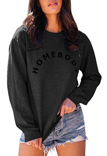 FISACE Womens Graphic Shirt Crew Neck Solid Color Long Sleeve Casual Loose Letter Pullover Tops Black