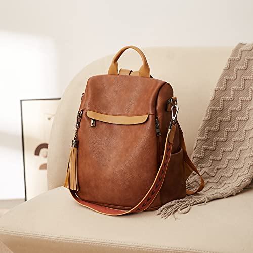 BROMEN Backpack Purse for Women Leather Anti-theft Travel Backpack Fashion Shoulder Bag Contrast Brown