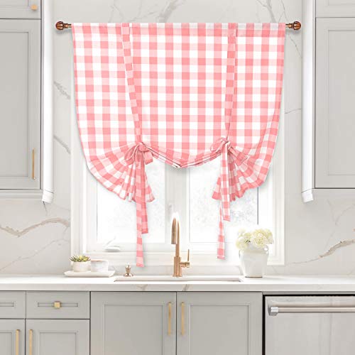 Hiasan Buffalo Check Tie Up Curtains for Windows - Rod Pocket Semi Sheer Light Filtering Kitchen Curtains, Pink, 42 x 63 Inches, 1 Panel