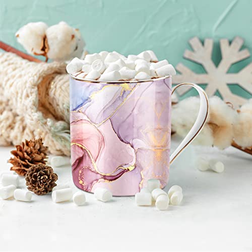 WAVEYU Ceramic Mug for Women, Coffee Water Mug Cup Marble Design with Handle for Home Office, Decorative Cute Coffee Tea Cup for Girls Teachers Colleagues, 14 oz, Pink Marble