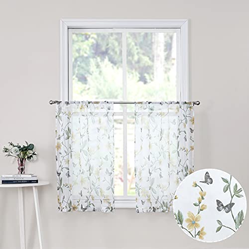 Tollpiz Short Sheer Floral Tier Curtains Yellow Flower Butterfly Printed Half Window Curtain Rod Pocket Kitchen Voile Faux Linen Curtains for Bathroom, 30 x 24 inches Long, Set of 2 Panels