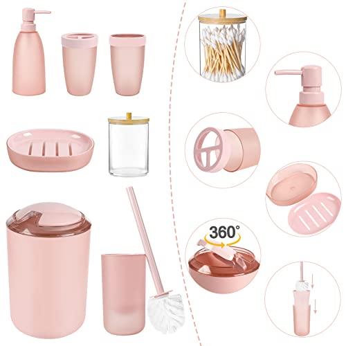 iMucci Pink 8pcs Bathroom Accessories Set - with Trash Can Toothbrush Holder Soap Dispenser Soap and Lotion Set Tumbler