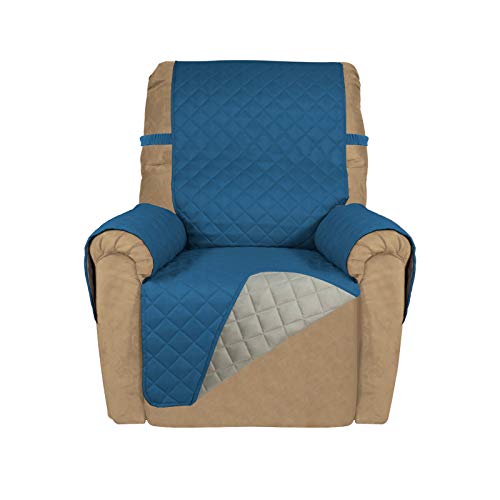 PureFit Reversible Quilted Recliner Sofa Cover, Water Resistant Slipcover Furniture Protector, Washable Couch Cover with Elastic Straps for Kids, Pets (Recliner, Peacock Blue/Beige)