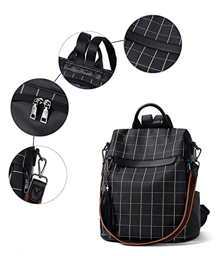 BROMEN Backpack Purse for Women Leather Anti-theft Travel Backpack Fashion Shoulder Bag Balck Plaid