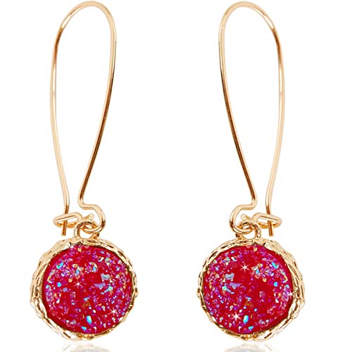 Humble Chic Simulated Druzy Threaders - Boho Glitter Upside-Down Long Hoop Dangle Drop Earrings for Women, Gold - Hot Pink Stone