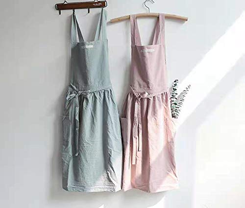 Womens Aprons Cotton and linen Cross Back Kitchen Cooking Aprons for Women with Pockets Cute for Baking Painting Gardening Cleaning（Pink）