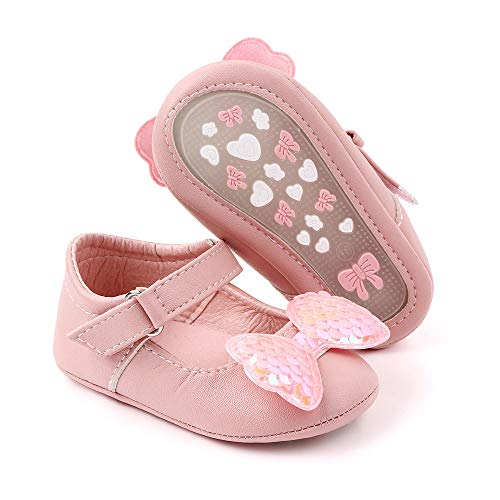 Infant Baby Girl's Handmade Soft PU Leather Non-Slip Princess Flats First Walkers, Pink Bow