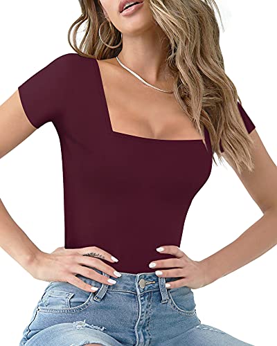 MANGOPOP Womens Short Sleeve/Long Sleeve Square Neck T Shirts Tops Tees (Short Sleeve Burgundy, Medium)