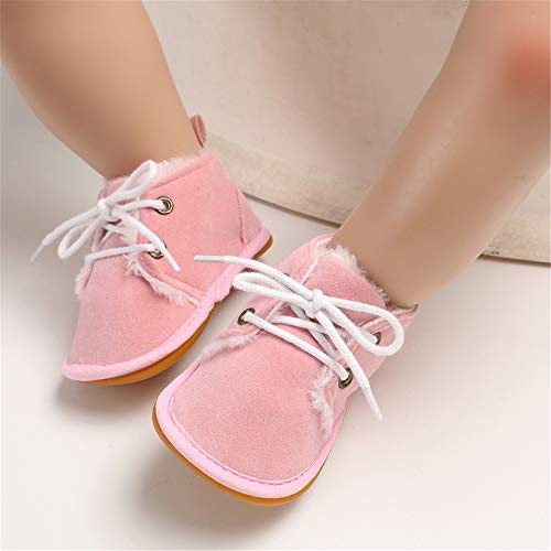 Newborn Lace Up Baby Booties, Prewalker Fur Lined Non-Slip Shoes, 6-12 Months, Pink