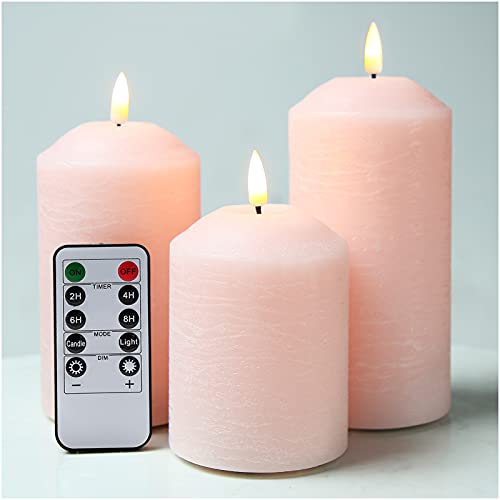 Eywamage Pink Flameless Pillar Candles with Remote 3 Pack, Realistic Flickering LED Battery Candles Christmas Wedding Home Decor