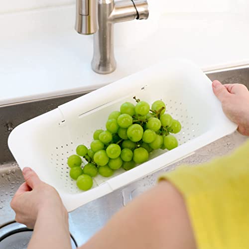 BLUE GINKGO Over the Sink Colander Strainer Basket - Wash Vegetables and Fruits, Drain Cooked Pasta and Dry Dishes - Extendable - New Home Kitchen Essentials (7.9 W x 14.5-19.5 L x 2.75 H) - Black