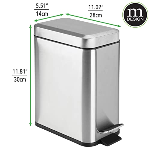 mDesign Small Modern 1.3 Gallon Rectangle Metal Lidded Step Trash Can, Compact Garbage Bin with Removable Liner Bucket and Handle for Bathroom, Kitchen, Craft Room, Office, Garage - Brushed