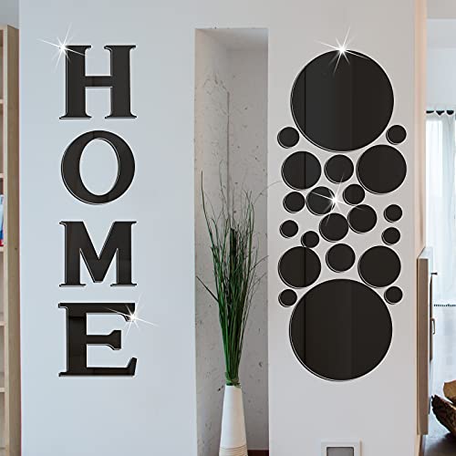 Home Sign Letters Acrylic Mirror Wall Stickers Solid Circle Wall Stickers 3D Mirror Wall Decals DIY Removable Mirror Wall Stickers for Home Living Room Decoration (Black)