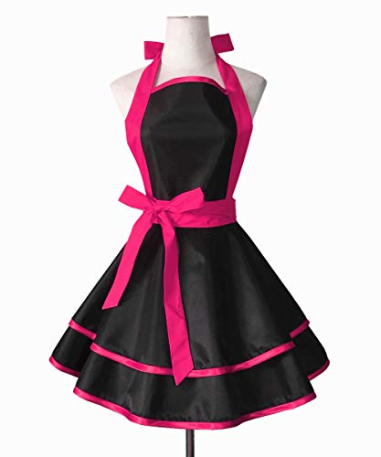 Hyzrz Lovely Handmade Cotton Retro Black Aprons for Women Girls Cake Kitchen Cook Apron for Mother's Gift (Red Rose)