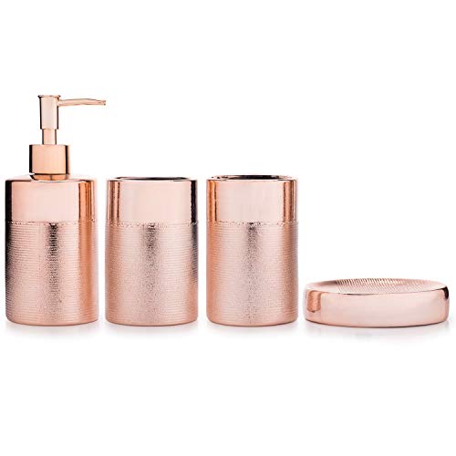 MyGift 4-Piece Rose Gold Modern Textured Ceramic Bathroom Set with Soap Dish, Pump Dispenser, Toothbrush Holder & Tumbler