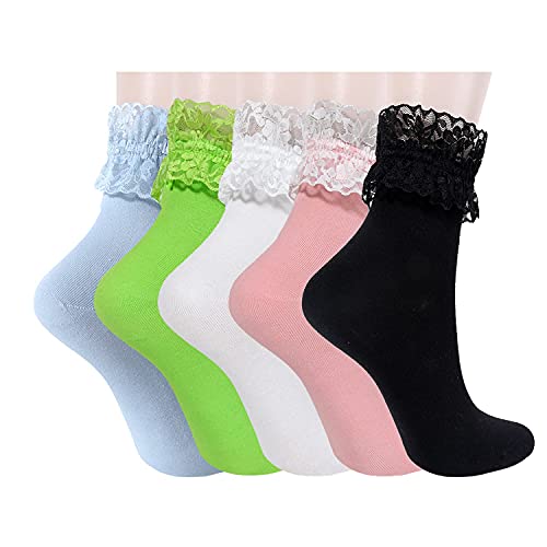 Womens Gils Novelty Funny Funky Crew Socks Colorful Crazy Cute Floral Animal Food Patterned Cotton Dress Socks Gifts，5 Pair Ruffle Lace Plain