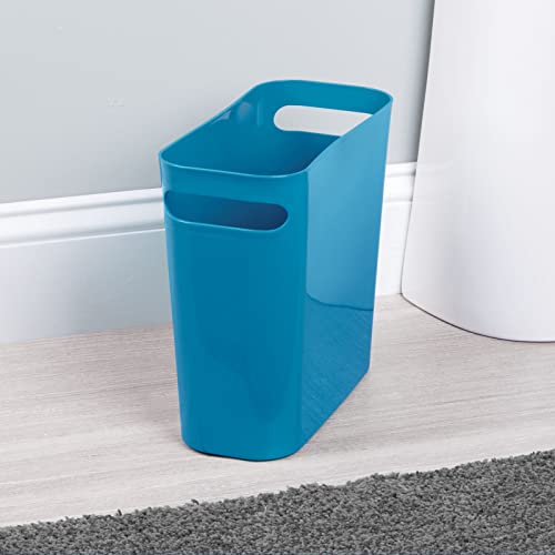 mDesign Plastic Small Trash Can, 1.5 Gallon/5.7-Liter Wastebasket, Narrow Garbage Bin with Handles for Bathroom, Laundry, Home Office - Holds Waste, Recycling, 10" High - Aura Collection, Light Blue
