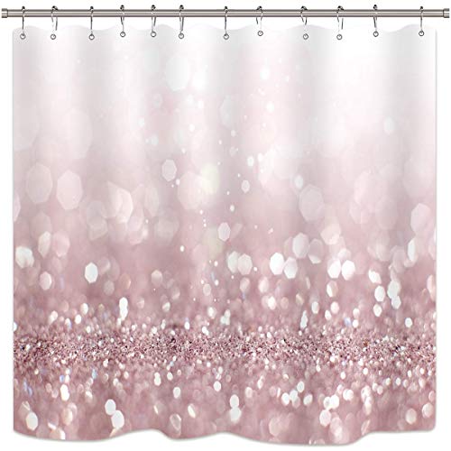 Pink Glitter Bling Shower Curtain Bathroom Decor w/12 Hooks Set