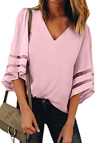 Women's Summer 3/4 Bell Sleeve V-Neck Patchwork Large Casual Blouse, Solid Pink