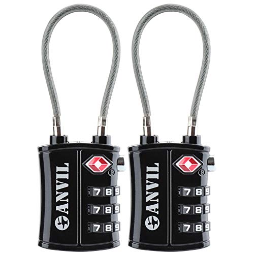 TSA Approved 3 Digit Luggage Cable Locks, Small Combination Padlock Ideal for Travel - 2 Pack (Black 2 Pack)