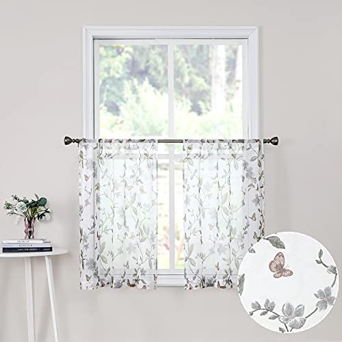 Tollpiz Short Sheer Floral Tier Curtains Grey Flower Butterfly Printed Half Window Curtain Rod Pocket Kitchen Voile Faux Linen Curtains for Bathroom, 30 x 24 inches Long, Set of 2 Panels