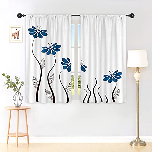 Riyidecor Blue Flower Kitchen Curtains 55 x 39 Inch Floral Petals Rod Pocket Leaves Lines Woman Girl White Plant Silhouettes Printed Living Room Bedroom Window Drapes Treatment Fabric 2 Panels WW-TGNA