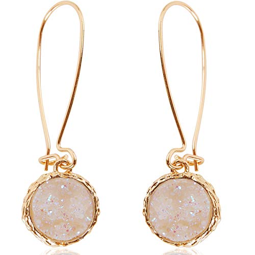 Humble Chic Simulated Druzy Threaders - Boho Glitter Upside-Down Long Hoop Dangle Drop Earrings for Women, Gold - White Created Opal