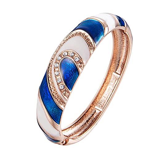 UJOY Vintage Cloisonne Bracelet Crystal Handcraft Multi-colored Enamel Oval Hinged Cuff Bangle Jewelry Gifts 88A26 white blue