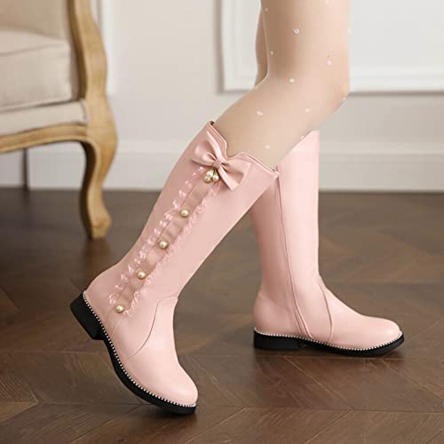 Womens Fall Winter Knee High Boots Princess Shoes Women Fashion Bowkont Lace Waterproof Knee Boot Snow Boots (Pink, 8.5)