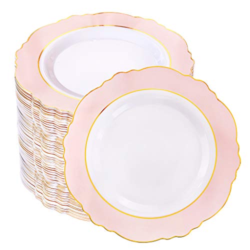 WDF 60pcs Pink Plastic Plates -Baroque Pink &Gold Disposable Dessert/Salad Plates for Upscale Parties &Wedding-Special for Valentine's Day, Mother’s Day