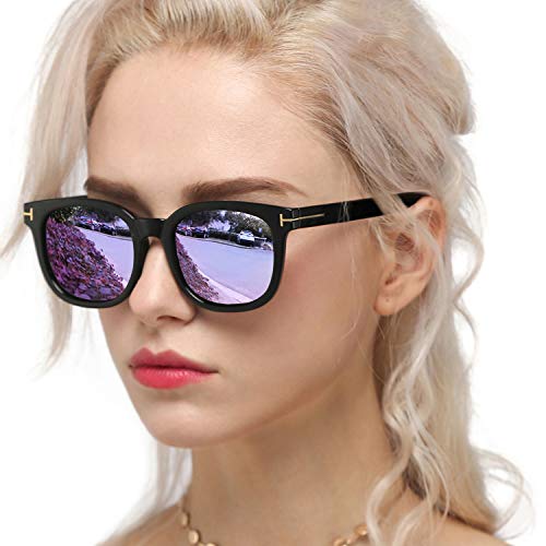Myiaur Classic Sunglasses for Women Polarized Driving Anti Glare 100% UV Protection (Black Frame / Purple Mirrored Glasses)
