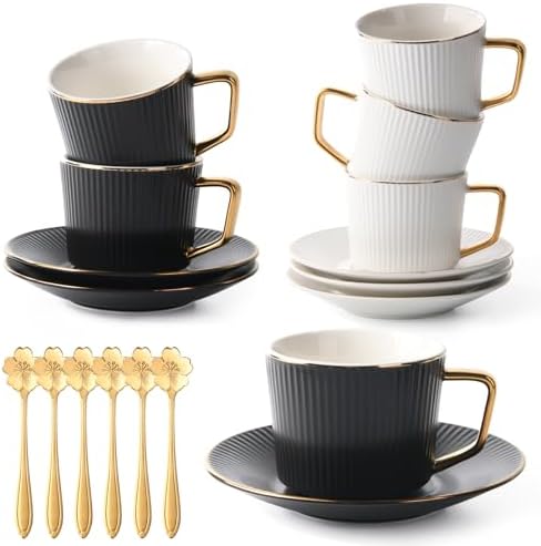 ICHAG Cups and Saucers Set of 6, Coffee Mugs, Tea Cups Set with Bowknot, Tea Set, 18-piece, Cup with 8.4oz, Golden Spoon, For Tea Party, Christmas Gifts, Gifts for Home Office
