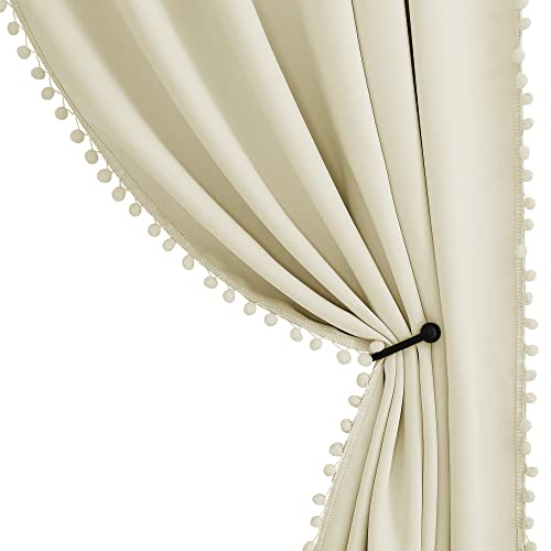 StangH Natural Beige Blackout Curtain Panels for Living Room/Girls Room, Pom Pom Thermal Insulated Privacy Protect Window Drapes for Kitchen/Study Room, W52 x L63, 2 Panels