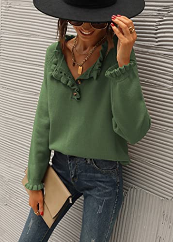 BTFBM Women's Sweaters Casual Long Sleeve Button Down Crew Neck Ruffle Knit Pullover Sweater Tops Solid Color Striped(Solid Olive Green, Medium)